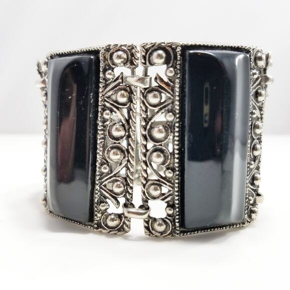 Vintage Selro Style Bracelet, Raised Lucite Black Panels, Chunky Wide - Picture 4 of 10